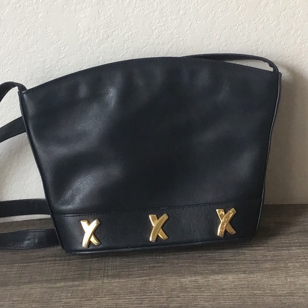 By Paloma Picasso Navy Black Leather Bag with Gold Accents